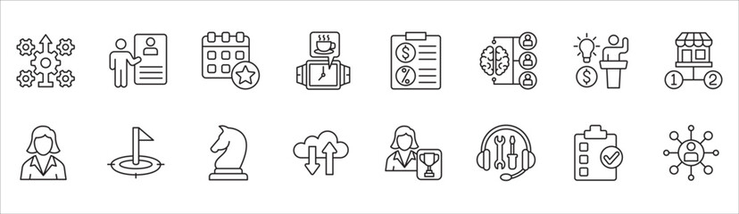 Business and management icon set. Contains symbol of businessman, target, finance, financial, success, data, customer service, work, money, store, shop, meeting, education, idea. Vector illustration