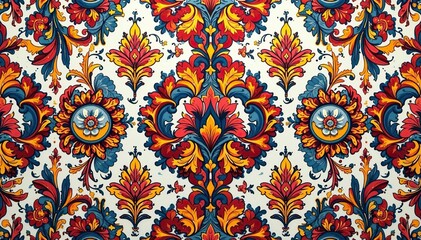 Bold damask pattern, large scale repeat, rich detail , bold, damask