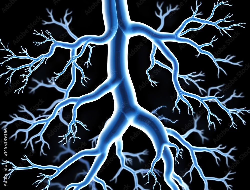 Fototapete Glowing blue branches with a network-like pattern resembling nerves or tree roots on a black background.