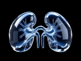 A pair of transparent human kidneys with detailed internal structure on a black background.