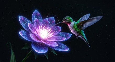 Hummingbird feeding nectar from glowing lotus flower in dark background