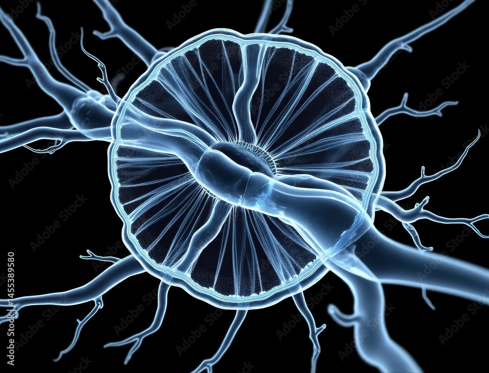 Aufkleber A detailed, digitally rendered image of a neuron cell with dendrites and axon, emphasizing neural connections on a black background.