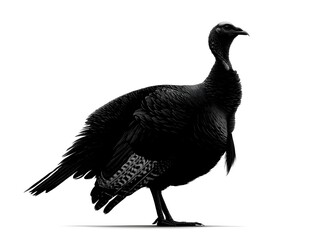 Fototapeta premium A majestic black and white silhouette of a wild turkey stands proudly against a pure white background showcasing its detailed plumage.