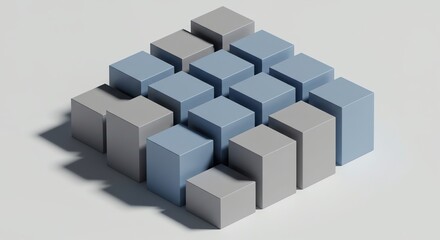 Isometric arrangement of blue and gray cubes creating an abstract pattern