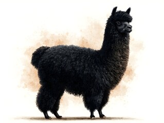 Fototapeta premium A majestic black alpaca stands proudly against a soft, watercolor-like brown background showcasing its luxurious, thick fleece.
