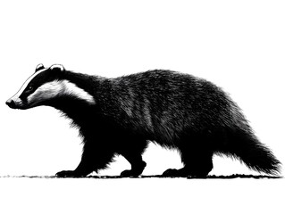 Obraz premium A detailed black and white illustration of a European badger walking gracefully on a white background showcasing its fur texture and unique markings.