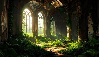 Obraz premium Overgrown Abandoned Building Interior with Sunlit Window