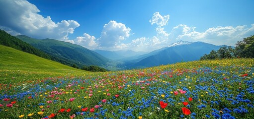 Vibrant Wildflower Meadow in Majestic Mountain Landscape
