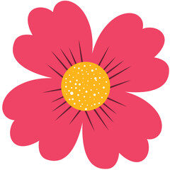 A stylized pink flower with five petals and a vibrant yellow center featuring white dots and radiating black lines. Perfect for artistic, decorative, and floral-themed projects.