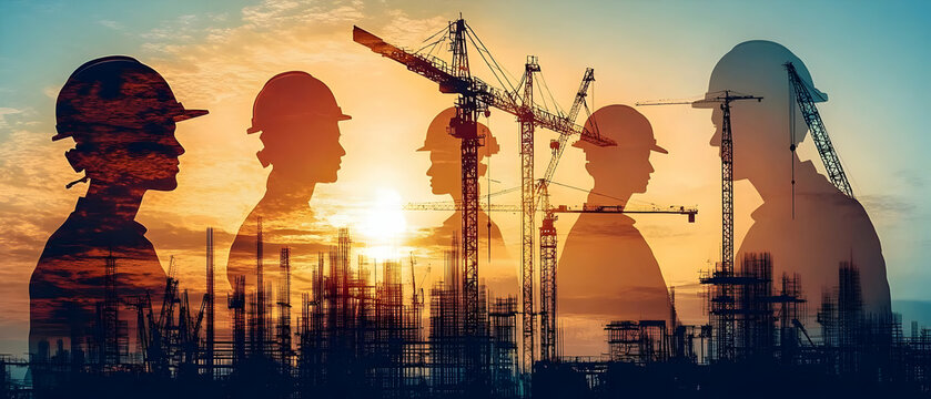 Silhouetted construction workers against a sunset backdrop, showcasing teamwork and dedication in the building industry.