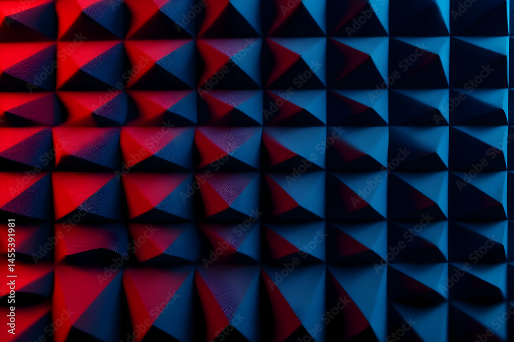 Poster abstract design featuring a dimensional pattern of pyramids in red and blue tones. ideal for backgro