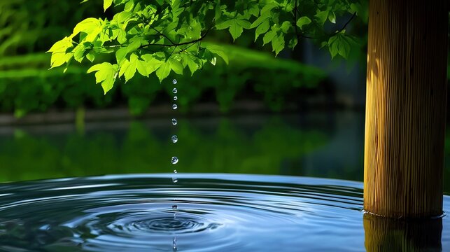 Tranquil water droplets cascading into a serene pond.