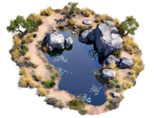 Aerial 3D Rendered Pond And Rock Formation Isolated On Transparent Background