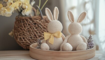 Sweet Crocheted Bunny Dolls in Cozy Setting, Handmade Eco-friendly Gifts