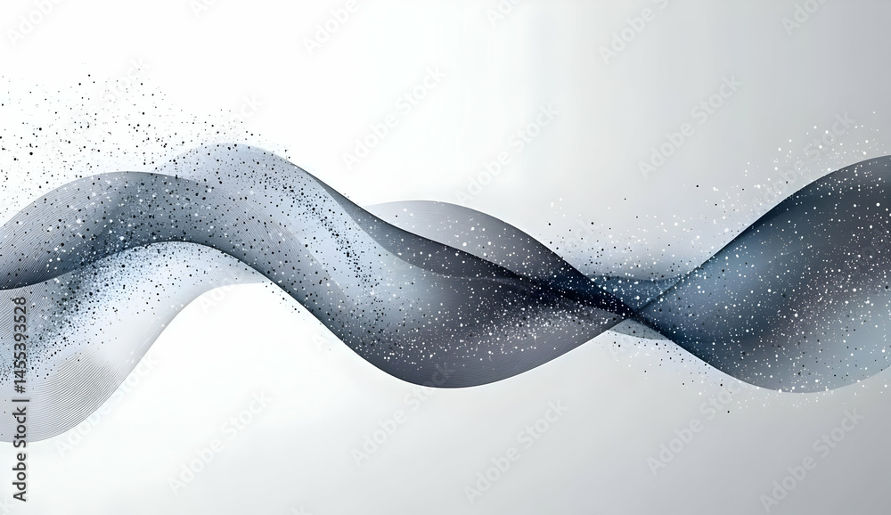 Poster an abstract image showcasing smooth, flowing waves with a blend of gray tones and sparkling particle