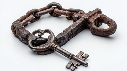 Obraz premium Antique Rusty Chain and Key on White Background