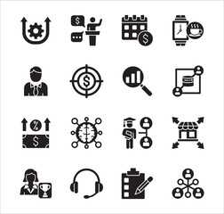 Business management flat icon set. Contains icon of businessman, target, accounting, finance, profit, success, data, customer service, work, store, shop, meeting, education, idea. Vector illustration