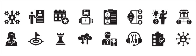 Business management flat icon set. Contains symbol of businessman, target, finance, success, data, customer service, work, money, store, shop, meeting, education, idea. Vector illustration