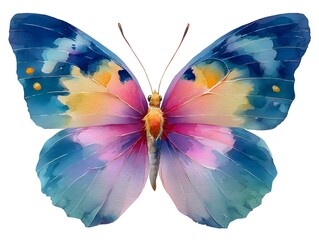 A vibrant watercolor painting of a colorful butterfly with blue pink and yellow wings isolated on white background.