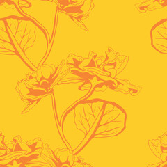 Vibrant orange floral pattern on sunny yellow background.  Elegant line art style evokes summer, joy, and nature. Ideal for textiles, websites, or stationery.  A cheerful, modern design.