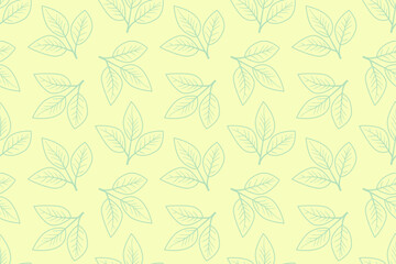Elegant pastel green leaf pattern on a pale yellow background.  Perfect for springsummer designs,  greeting cards, or website backgrounds.  Simple, minimalistic style evokes freshness and serenity.