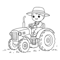 cartoon of farmer and tractor coloring page illustration
