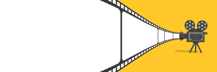 Cinema projector. Movie time. Vintage film camera reel. minimalist flat design vector illustration. Yellow background. Can used for presetation, advertising, marketing, banner, invitation, poste