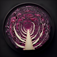rtistic Red Cabbage Cross Section on Black Plate – Abstract Vegetable Texture