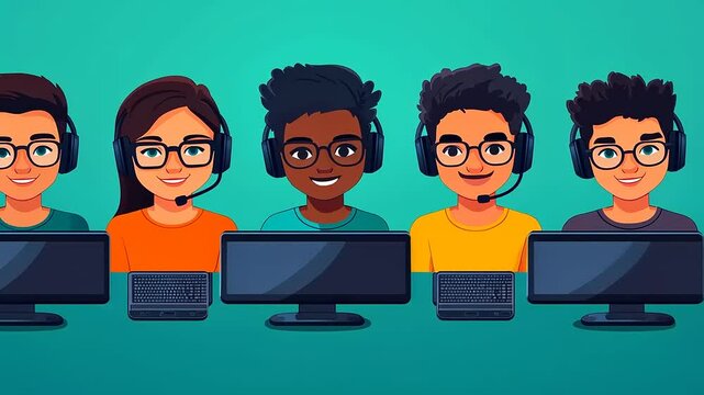 Diverse group of customer service agents, smiling, wearing headphones and glasses, at computers