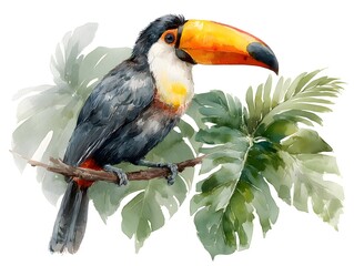 A vibrant watercolor painting depicts a toucan perched on a branch amidst lush tropical foliage, showcasing its colorful beak and plumage.