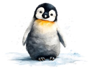 Adorable baby emperor penguin watercolor painting on white background perfect for kids room decor or greeting card design.