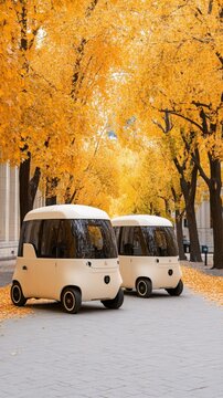 Two Off White Electric Vehicles Parked on a Road Lined with Golden Autumn Trees