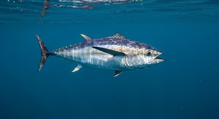 Fototapeta premium Majestic yellowfin tuna underwater ocean wildlife swimming scene sea fish blue fast deep image photo
