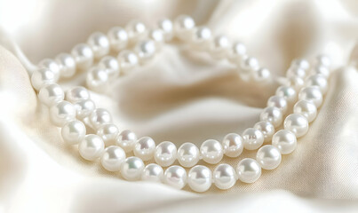 Elegant pearl necklace draped on luxurious cream silk fabric.  Close-up showcasing lustrous pearls and soft texture.