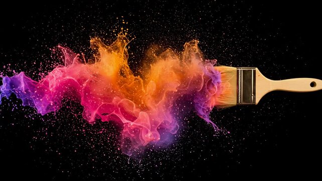 Seamless looping time-lapse 4k video animation background, wallpaper, A paintbrush with a wooden handle releasing a vibrant stream, Watercolor wave with paintbrush. 