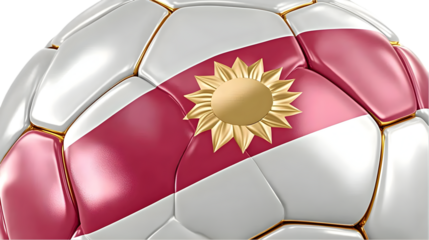Detailed 3D Render of a Soccer Ball with Red Stripes and Gold Sunflower Emblem