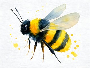 A vibrant watercolor painting depicts a detailed bumblebee in flight against a textured white background.