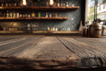 Obraz premium Rustic wooden bar top with bottles blurred in the background.