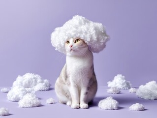 A cat surrounded by tiny cloud props, with a misty white headpiece resembling a thundercloud, isolated soft lavender background