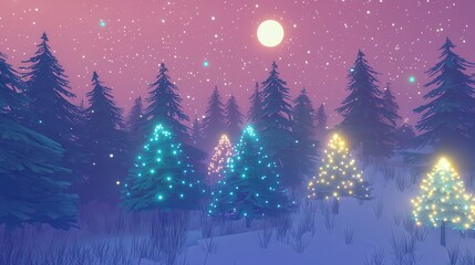 Fototapeta premium Magical Winter Forest at Night with Illuminated Trees