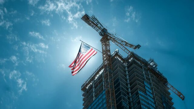 USA American Independence day, American Flag Waves Proudly Over a Skyscraper Under Construction