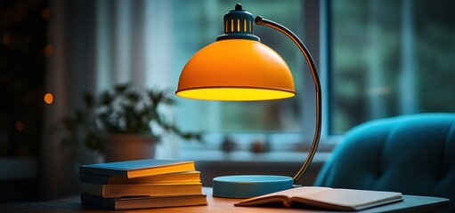 Cozy Reading Nook: Illuminated Desk with Books and Lamp