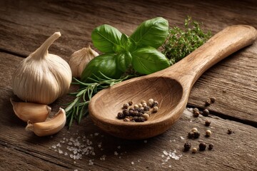 Fresh herbs and spices on rustic wood.  A culinary still life.