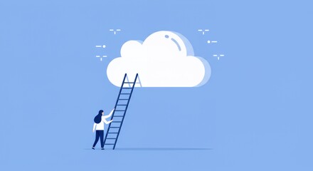 Woman Climbing Ladder to Cloud: Reaching Goals, Aspiration, Success, Cloud Computing, Digital Transformation