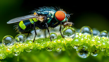Macro photography of a vibrant green and black fly perched on a dew-covered leaf, showcasing intricate details and water droplets.