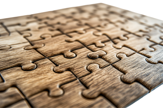 Wooden Jigsaw Puzzle, Close-Up, Interlocking Pieces, Natural Grain Texture, Warm Tones, Strategy Game.