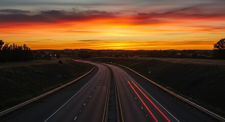 Highway at Sunset with Car Light Trails