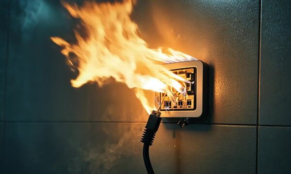 Electrical Short Circuit Causing Fire in Overloaded Plug Socket with Smoke and Burn Damage