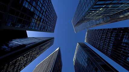 Contemporary urban skyline with cross-shaped glass skyscrapers contrasting vertical steel structures against monolithic windowless residential tower,