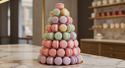 Close-up of a pastel-colored macaron tower on a marble counter in a chic patisserie, delicate lighting